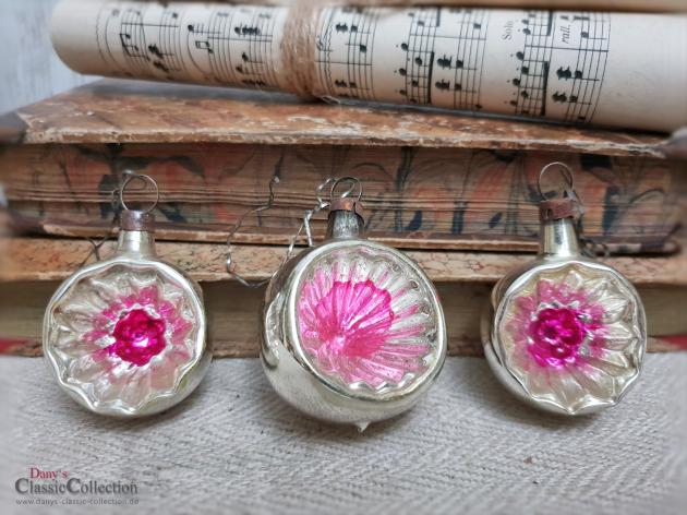 3 sehr alte Reflexkugeln ~ pink Einstich ~ antiker Christbaumschmuck ~ Weihnachtsschmuck alt ~ Vintage Weihnachtsbaum