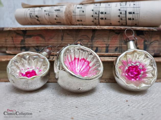 3 sehr alte Reflexkugeln ~ pink Einstich ~ antiker Christbaumschmuck ~ Weihnachtsschmuck alt ~ Vintage Weihnachtsbaum