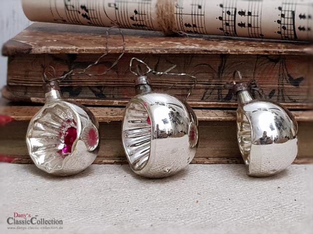 3 sehr alte Reflexkugeln ~ pink Einstich ~ antiker Christbaumschmuck ~ Weihnachtsschmuck alt ~ Vintage Weihnachtsbaum