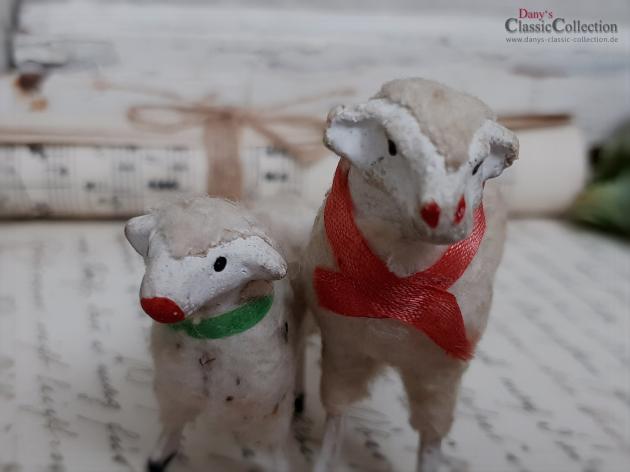 PAAR uralter Krippenschafe ~ Erzgebirge Krippenfigur ~ Schaf ~ Masseschaf ~ Wollschaft ~ Putz ~ Sammlerstücke ~ Shabby Deko