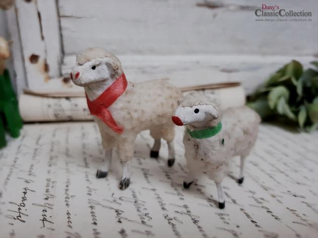 PAAR uralter Krippenschafe ~ Erzgebirge Krippenfigur ~ Schaf ~ Masseschaf ~ Wollschaft ~ Putz ~ Sammlerstücke ~ Shabby Deko