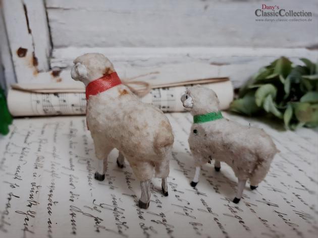 PAAR uralter Krippenschafe ~ Erzgebirge Krippenfigur ~ Schaf ~ Masseschaf ~ Wollschaft ~ Putz ~ Sammlerstücke ~ Shabby Deko