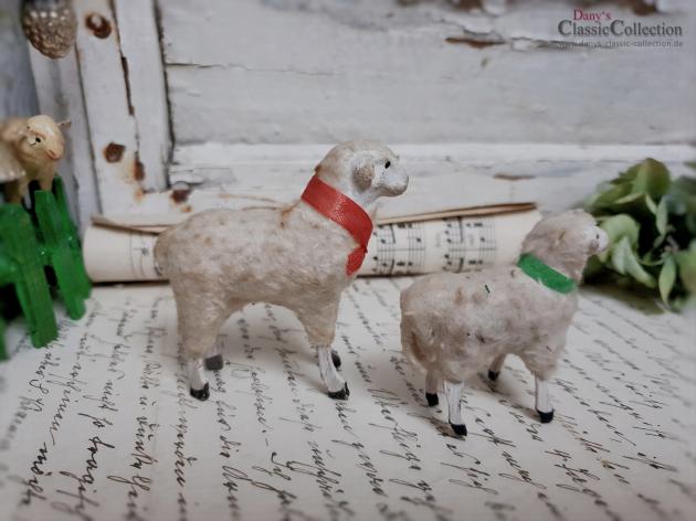 PAAR uralter Krippenschafe ~ Erzgebirge Krippenfigur ~ Schaf ~ Masseschaf ~ Wollschaft ~ Putz ~ Sammlerstücke ~ Shabby Deko