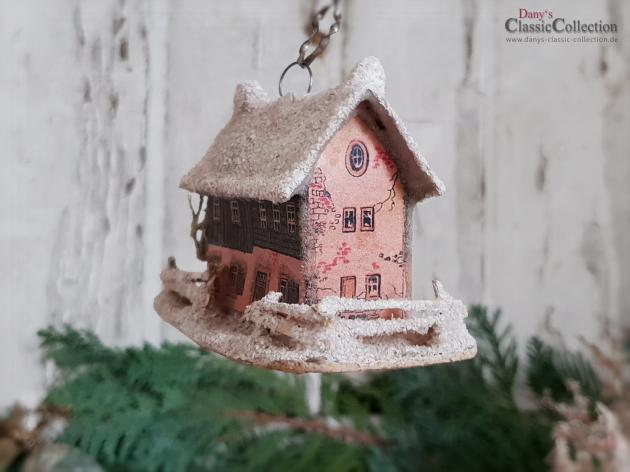 VERKAUFT ! Dresdner Pappe Christbaumschmuck ~ Haus lithografiert mit Zweigen ~ Vintage Weihnacht ~ alter Weihnachtsschmuck