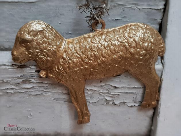 Dresdner Pappe Christbaumschmuck ~ goldenes Lamm aus geprägter Dresdner Pappe mit Tinselaufhänger ~ Sammlerstück ~ Weihnachtsschmuck