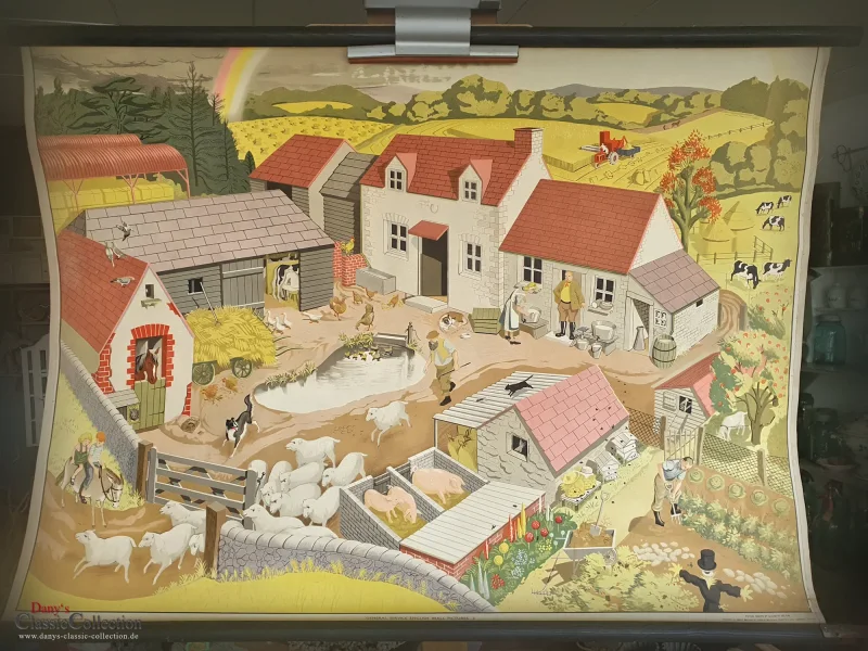 Alte englische Schulwandkarte Bauernhof Bauer Rollkarte Schulkarte Wandkarte Lehrkarte Midcentury Wanddeko