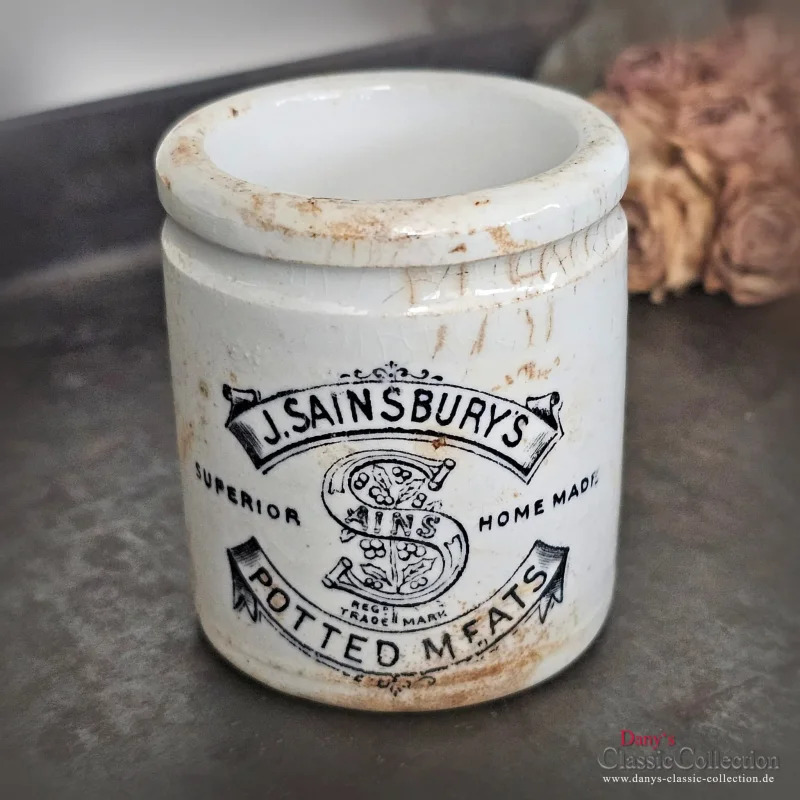 Sainsburys Potted Meats ORIGINAL antike Keramik Aufbewahrung Pottery Steingut Werbung England Küche Dekoration