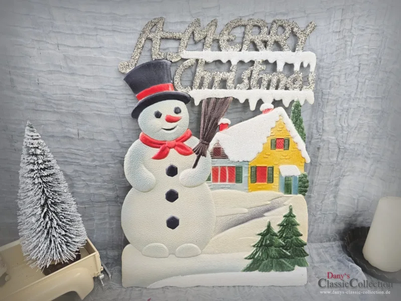Alte Pappe geprägt 32 x 23 cm Schneemann Haus Baum A Merry Christmas Vintage Weihnachtsdeko Frohe Weihnachten