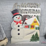 Alte Pappe geprägt 32 x 23 cm Schneemann Haus Baum A Merry Christmas Vintage Weihnachtsdeko Frohe Weihnachten