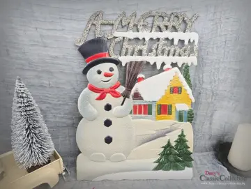 Alte Pappe geprägt 32 x 23 cm Schneemann Haus Baum A Merry Christmas Vintage Weihnachtsdeko Frohe Weihnachten