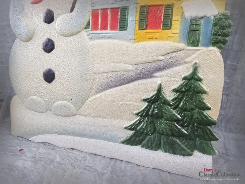Alte Pappe geprägt 32 x 23 cm Schneemann Haus Baum A Merry Christmas Vintage Weihnachtsdeko Frohe Weihnachten