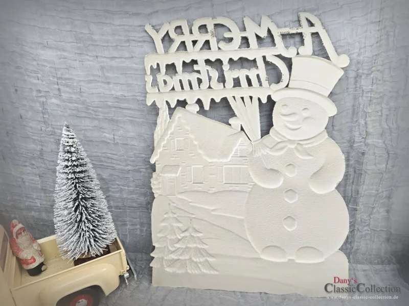 Alte Pappe geprägt 32 x 23 cm Schneemann Haus Baum A Merry Christmas Vintage Weihnachtsdeko Frohe Weihnachten