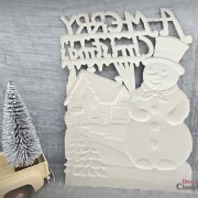 Alte Pappe geprägt 32 x 23 cm Schneemann Haus Baum A Merry Christmas Vintage Weihnachtsdeko Frohe Weihnachten