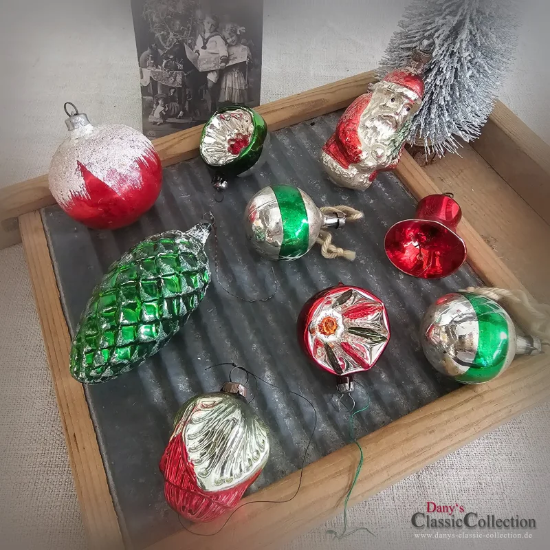 9 Christbaumkugeln Zapfen Nikolaus Reflexkugel Glocke silber rot grün Baumschmuck Lauscha Weihnachtsschmuck Baumbehang Weihnachten