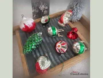 9 Christbaumkugeln Zapfen Nikolaus Reflexkugel Glocke silber rot grün Baumschmuck Lauscha Weihnachtsschmuck Baumbehang Weihnachten