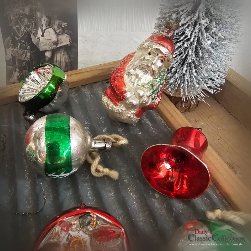 9 Christbaumkugeln Zapfen Nikolaus Reflexkugel Glocke silber rot grün Baumschmuck Lauscha Weihnachtsschmuck Baumbehang Weihnachten