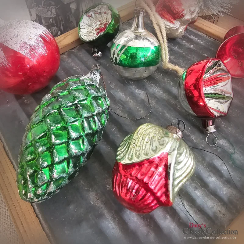9 Christbaumkugeln Zapfen Nikolaus Reflexkugel Glocke silber rot grün Baumschmuck Lauscha Weihnachtsschmuck Baumbehang Weihnachten
