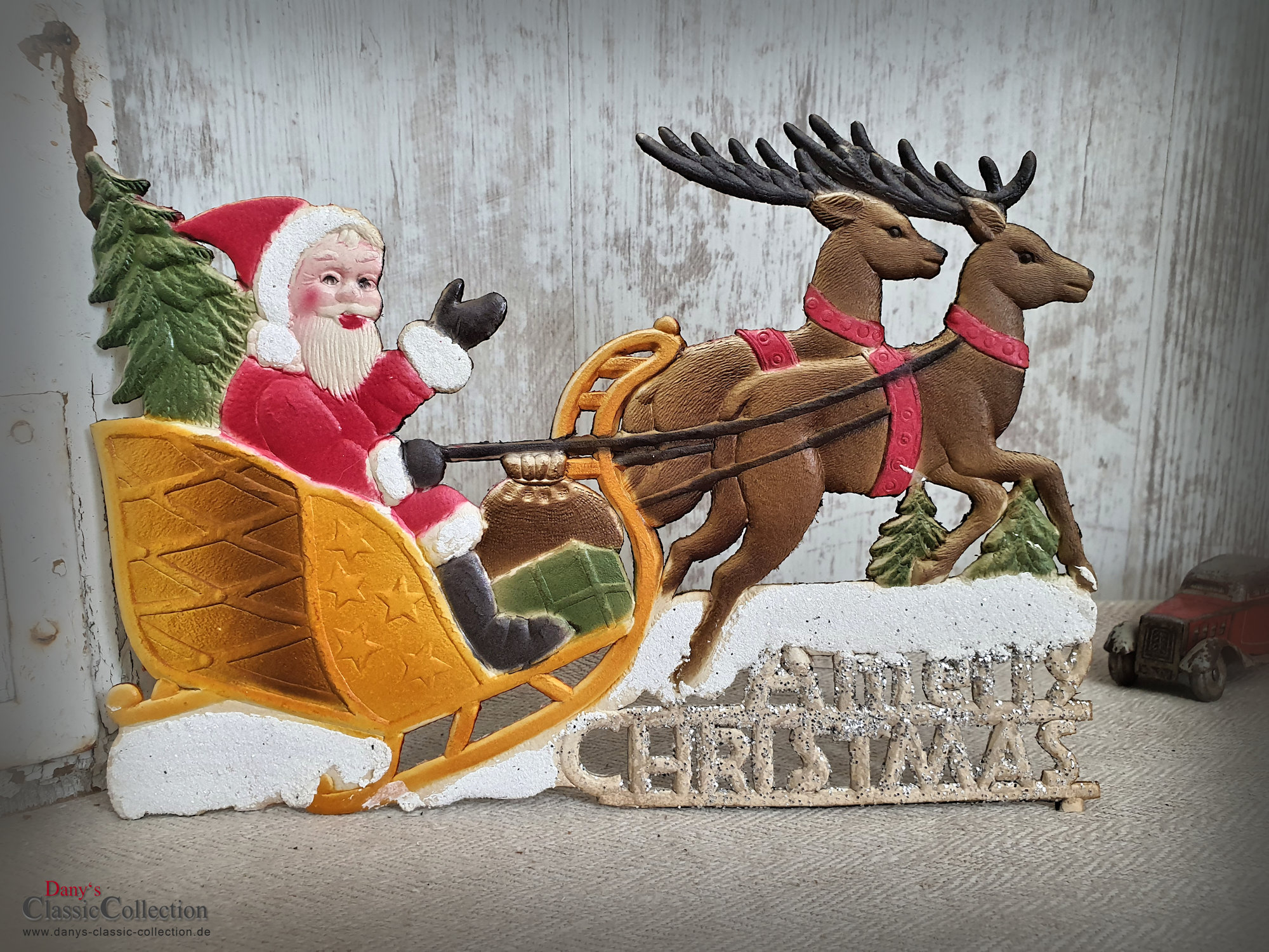 Dresdner Pappe Christmas ~ Vintage Nikolaus ~ Weihnachtsdeko Merry ~ ~ geprägt Frohe auf A Rentier-Schlitten Weihnachten ~ ~ hy6199